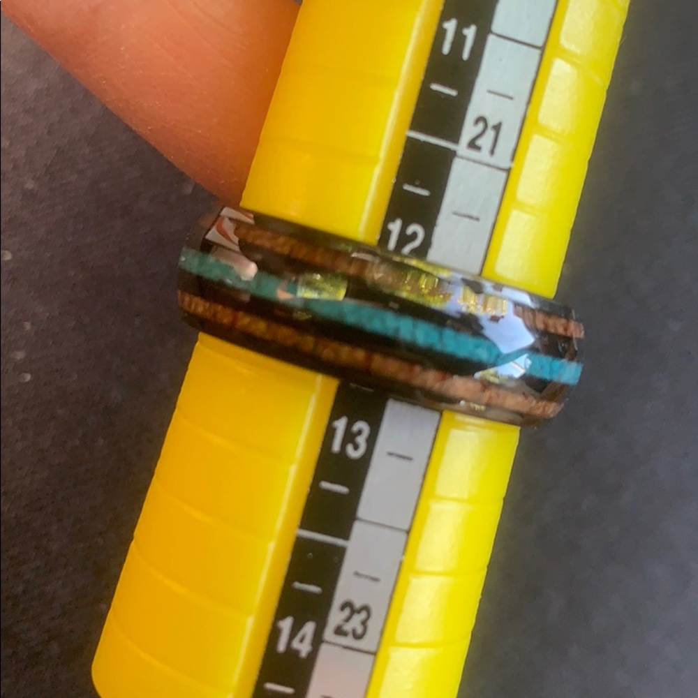 8mm Wood & Crushed Turquoise Tungsten Wedding band - Picture 12 of 12